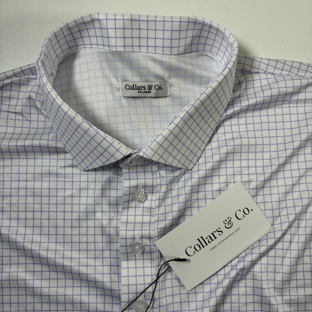 NEW Collars & Co Polo Mens 2XL White Purple Windowpane Check Performance Shirt